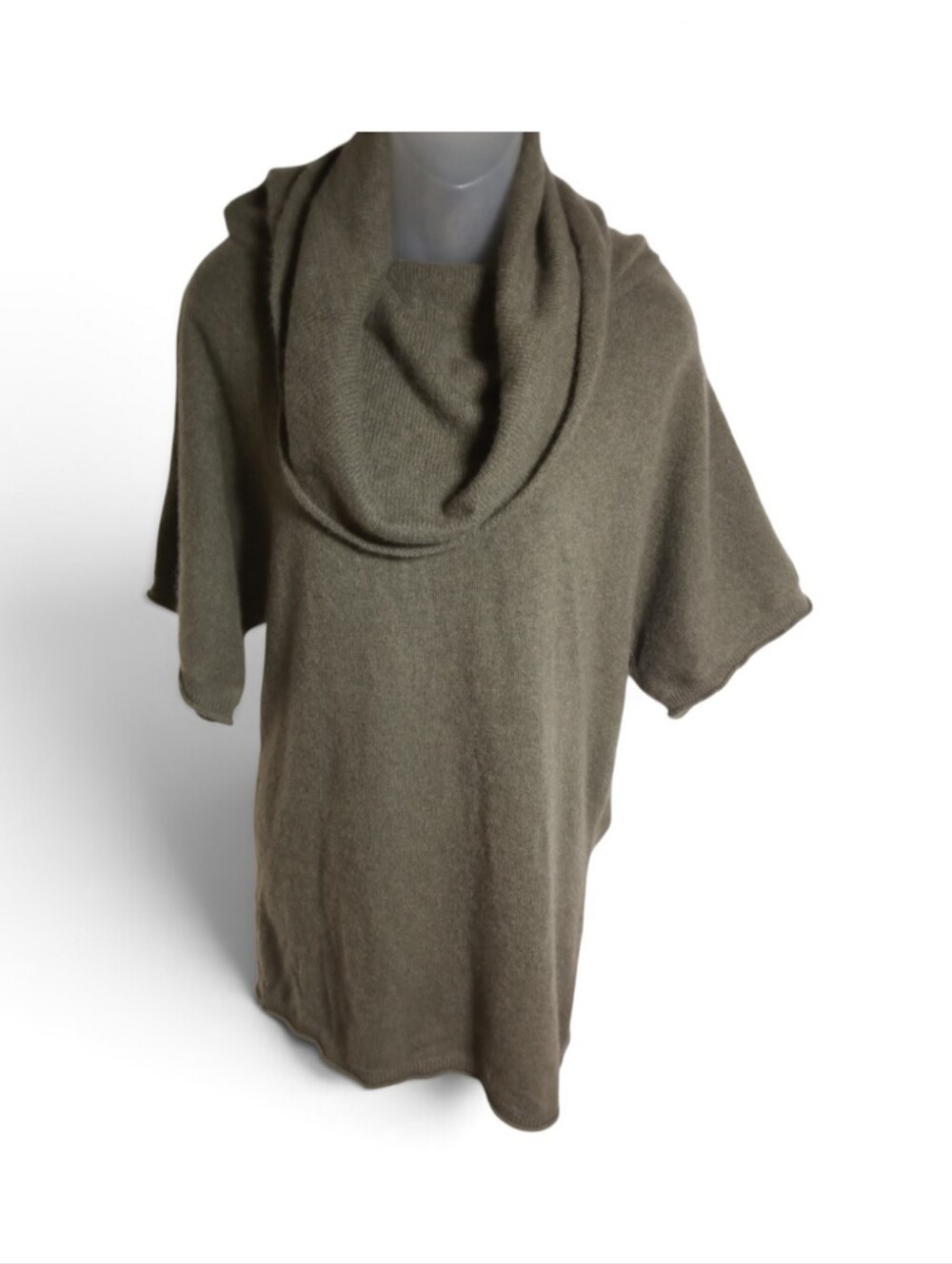 Kenar Olive Cowl Neck Short Sleeve Tunic Sweater Y2K Lagenlook Cashmere Sz S